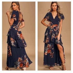 Midnight Mood Navy Blue Floral Print Tiered Maxi Dress